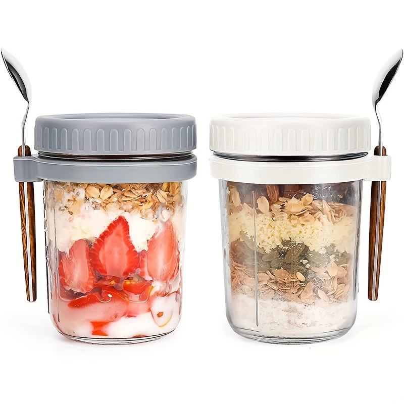 Food Storage Jar Set - 1個/2個入り ガラス製オートミールカップ、蓋とスプーン付きオーバーナイトオーツ容器、16オンス シリアル、ミルク＆フルーツサラダ保存ジャー