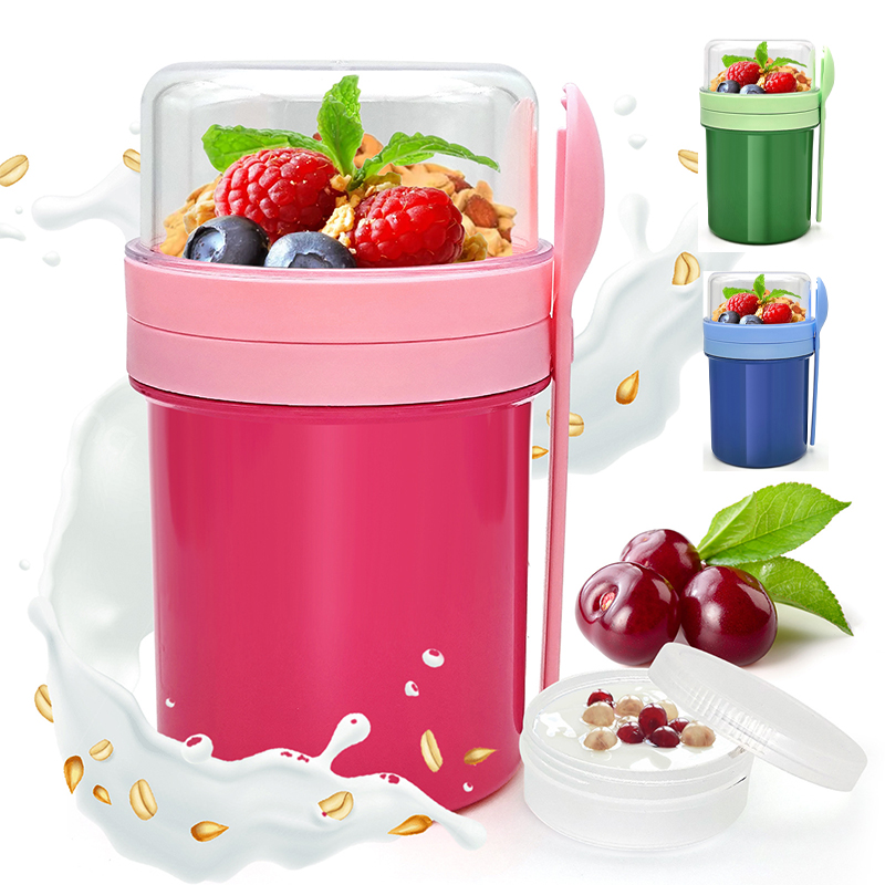 Food Storage Meals - ポータブル二層オーバーナイトオーツカップ、漏れ防止密閉サラダ朝食カップ、食器付き、屋外用食品ヨーグルト容器