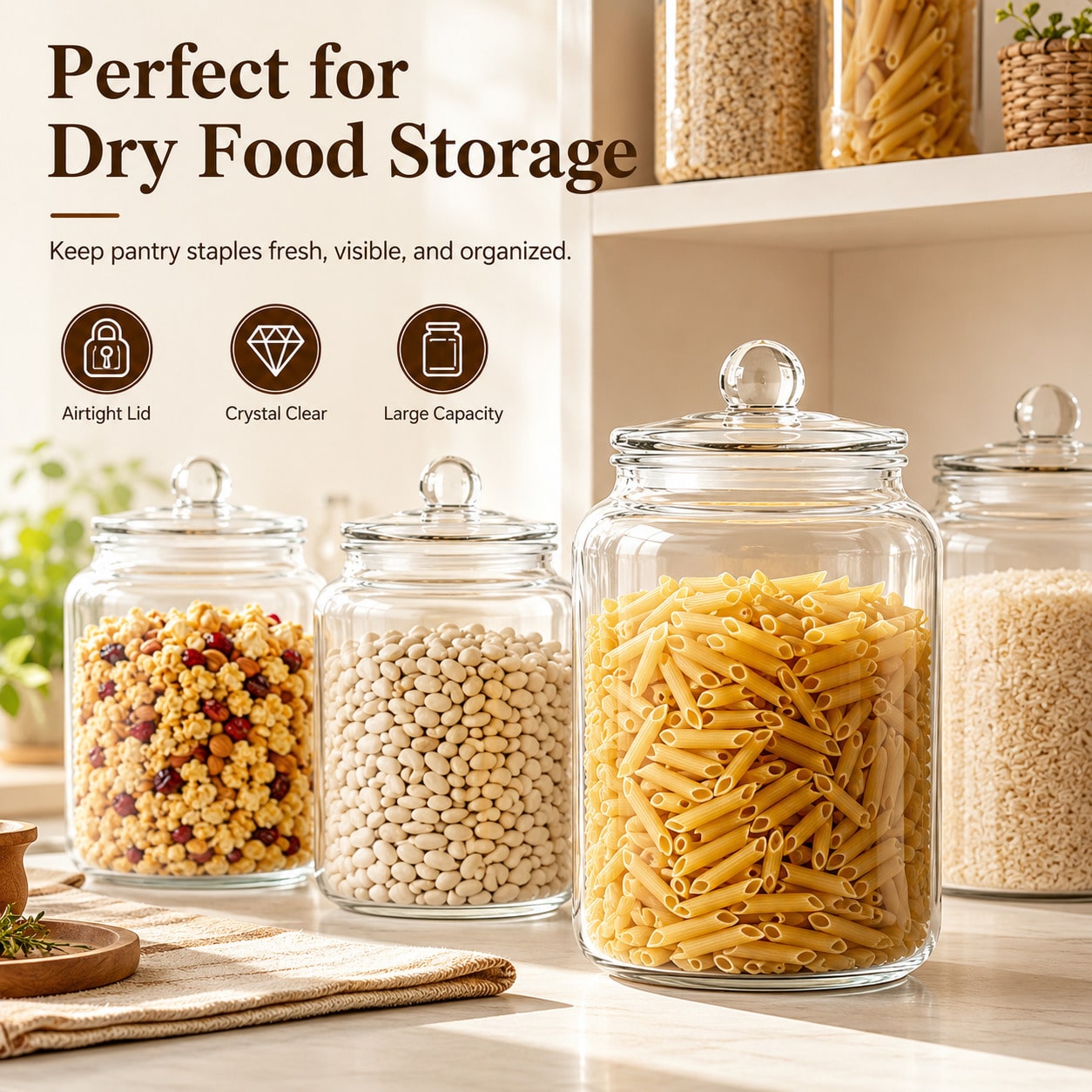 Glass Food Storage Xl - 蓋付き大型透明ガラス保存容器、密閉広口ガラスキャニスター容器、小麦粉、砂糖、漬物、発酵、乾燥食品、パントリーオーガナイザー用大型ガラス瓶