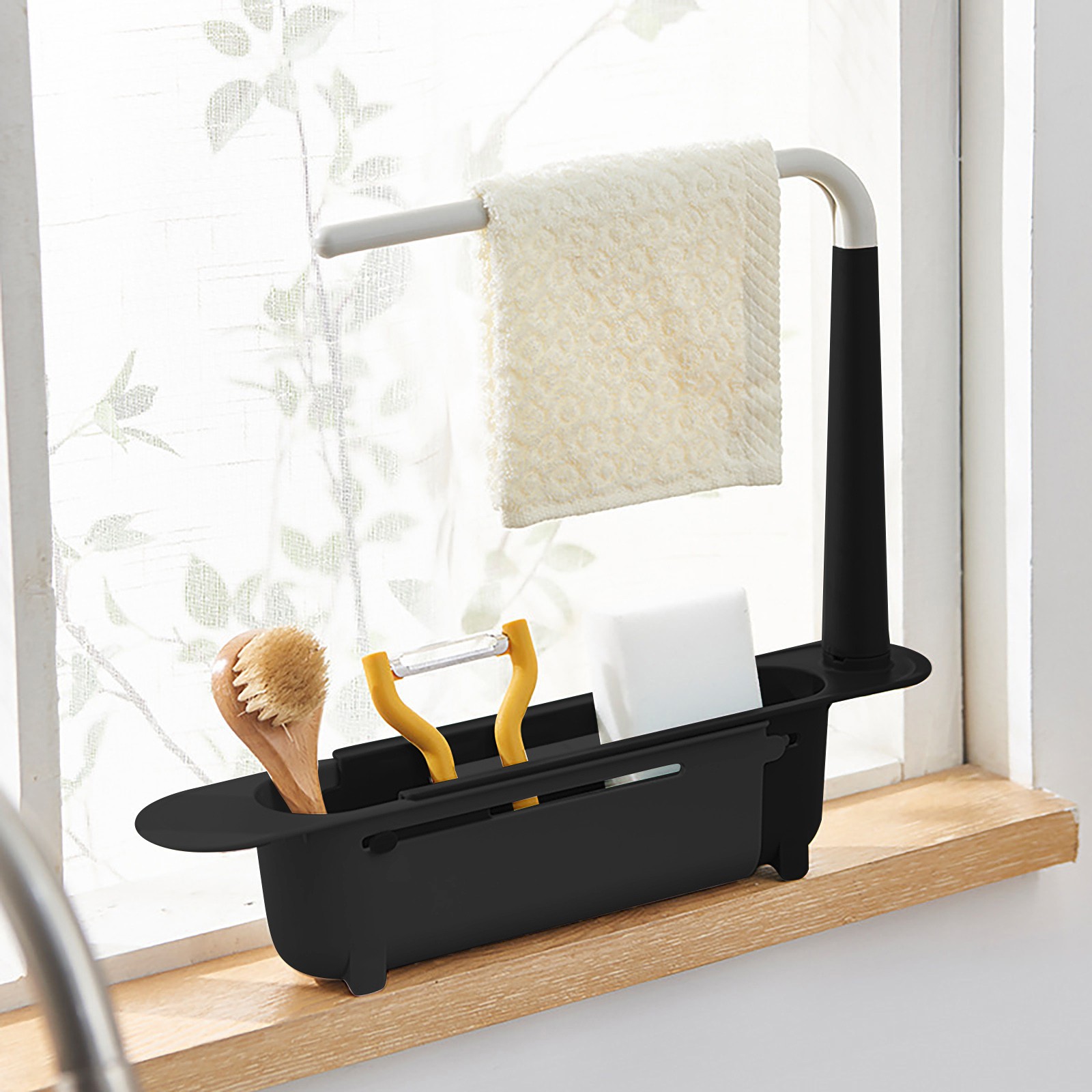 Food Storage Shelving - Elescopicシンクの水切り、キッチンオーガナイザー、石鹸スポンジホルダー、タオルラック、収納バスケット、ガジェットアクセサリー