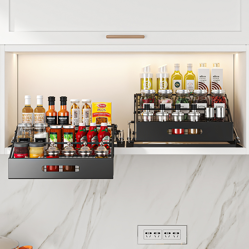 Food Storage Shelving - 1個 3段式プルダウンオーガナイザー リフト式格納式キッチン収納ラック キャビネット下スパイスラック 拡張可能なキッチン調味料棚