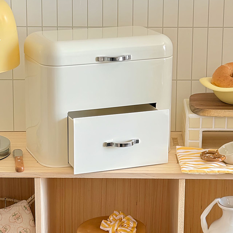 Food Storage In Cabinets - クリームスタイルの鉄製収納キャビネット、蓋付き2層引き出しオーガナイザー、リビングルームのスナック用、多機能食品保存容器