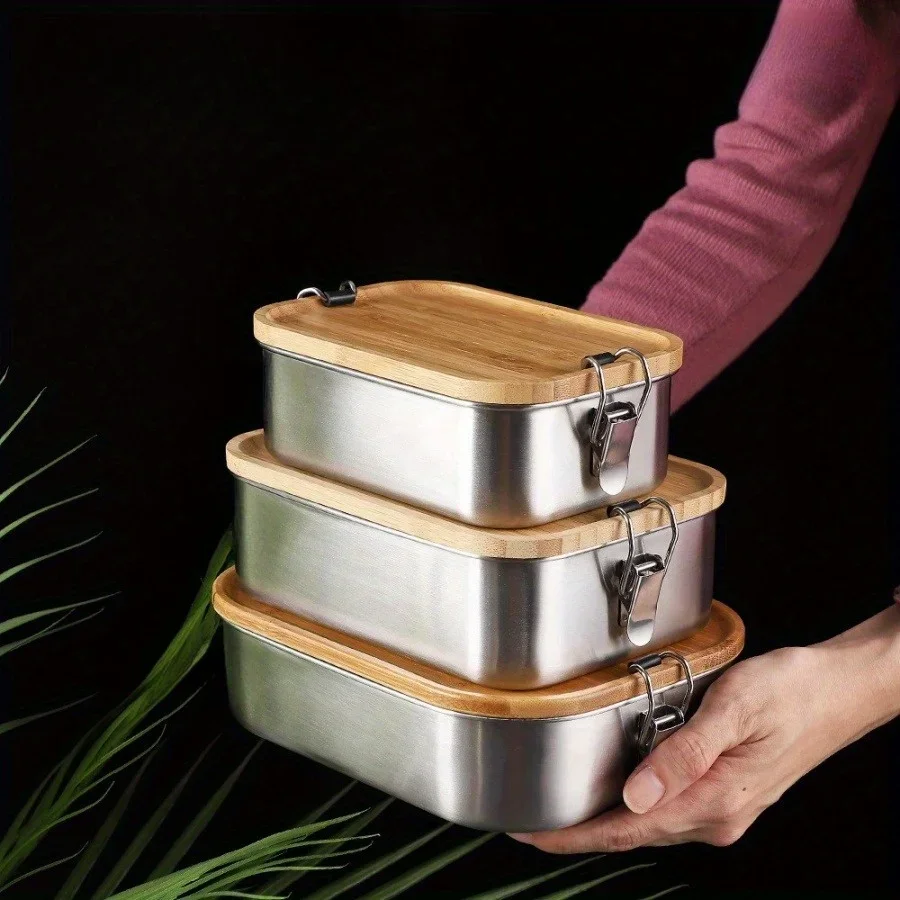 Food Storage Boxes With Lids - 新しい304ステンレス製竹製蓋付きランチボックス、和風蓋付き保存容器、ランチボックス、食品保存容器