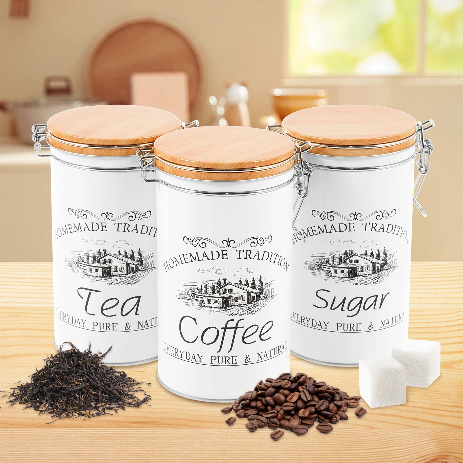 Food Storage Jar Set - 3個セット 茶葉・コーヒー・砂糖用キャニスター 金属製コーヒー豆保存容器 多用途茶葉・コーヒー・砂糖容器 キッチン食品用品