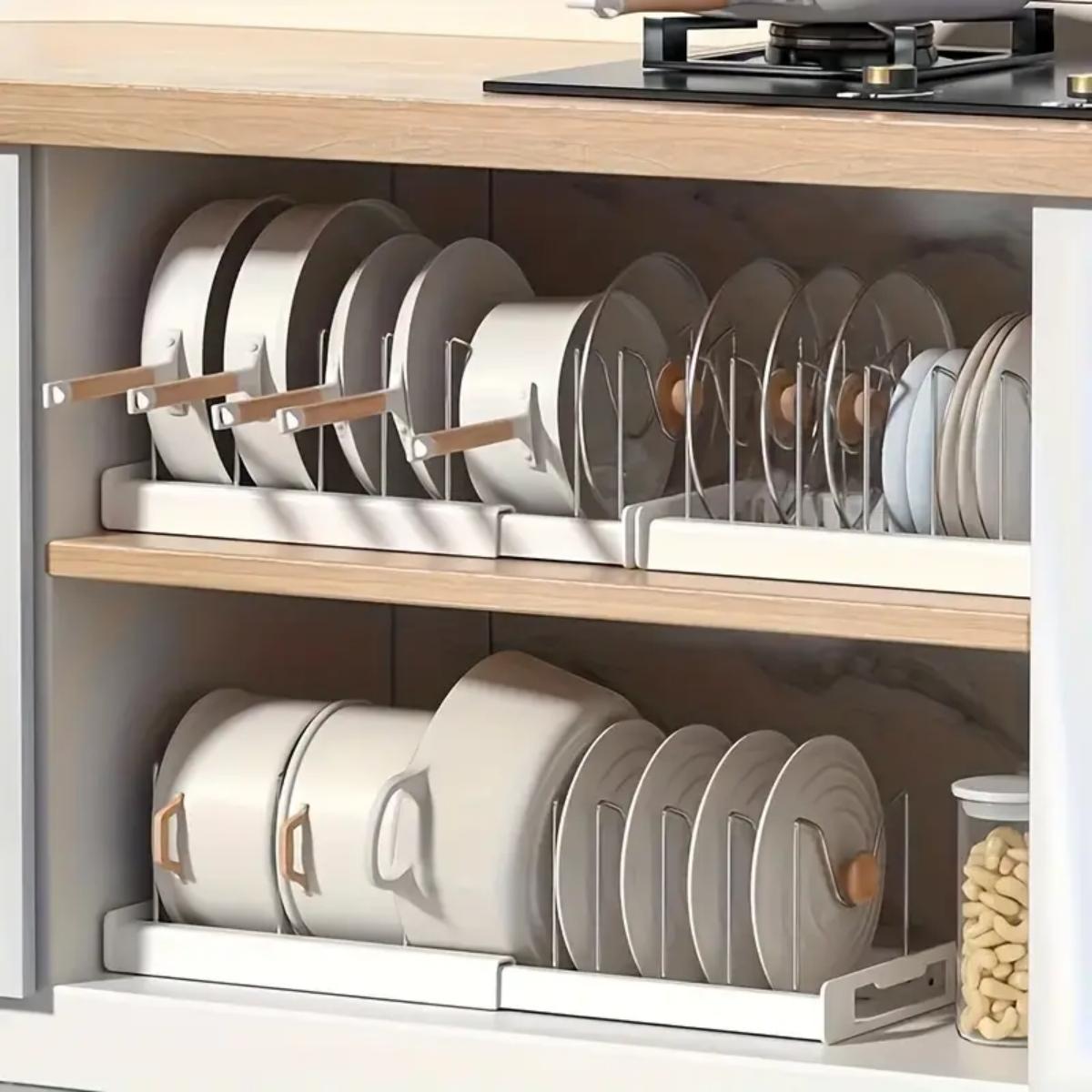 Food Storage In Cabinets - 拡張可能なキッチンポットパンオーガナイザー、キャビネット下用、7つの調整可能な仕切り付き、食品保存容器、蓋収納、1パック