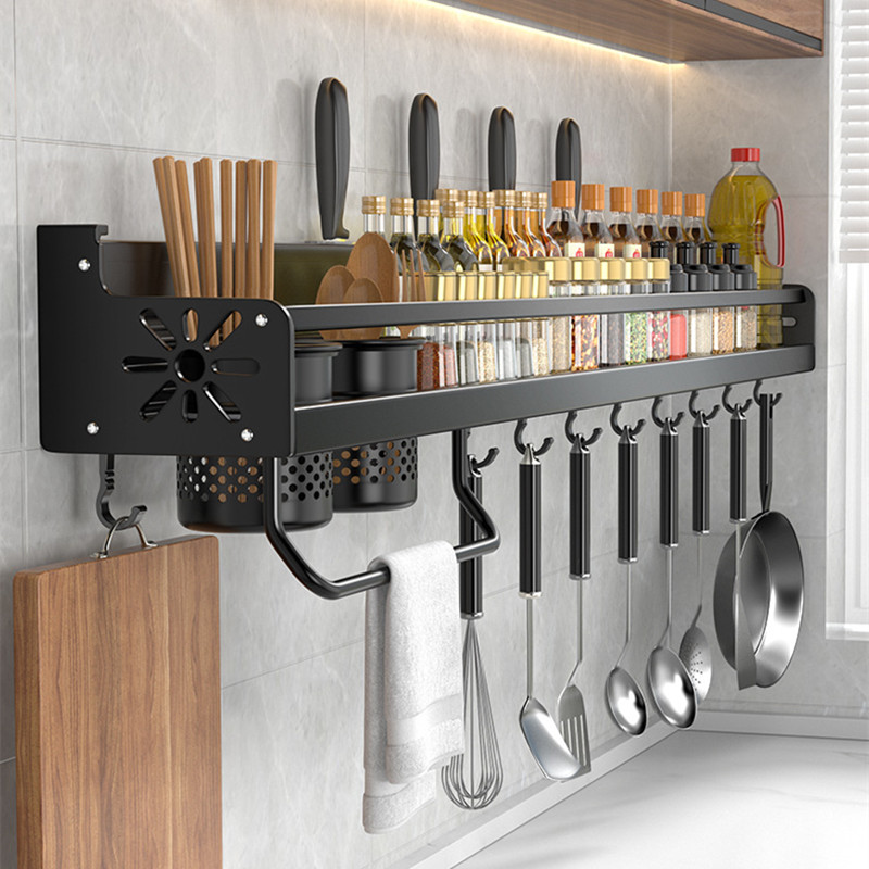 Food Storage Shelving - 壁掛け式キッチンオーガナイザーシェルフ、スパイス収納ラック、ナイフホルダー、調味料、箸、スプーン、シャベル、棚
