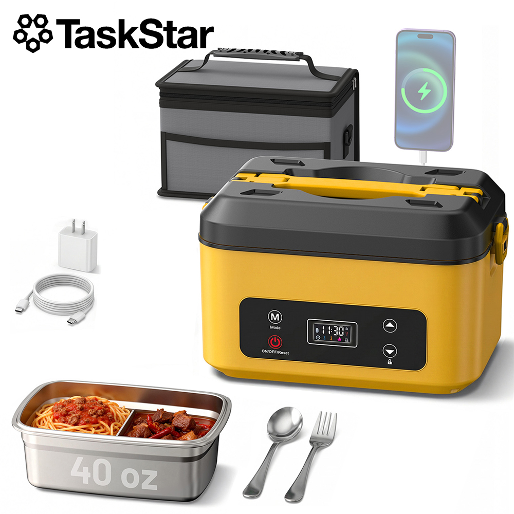 Portable Food Warmer - タスクスター ポータブル加熱ランチボックス 40オンス コードレス漏れ防止フードウォーマー ステンレススチールライナーと断熱材付き キャンプ、仕事、学校用、モバイルバッテリーとしても使用可能