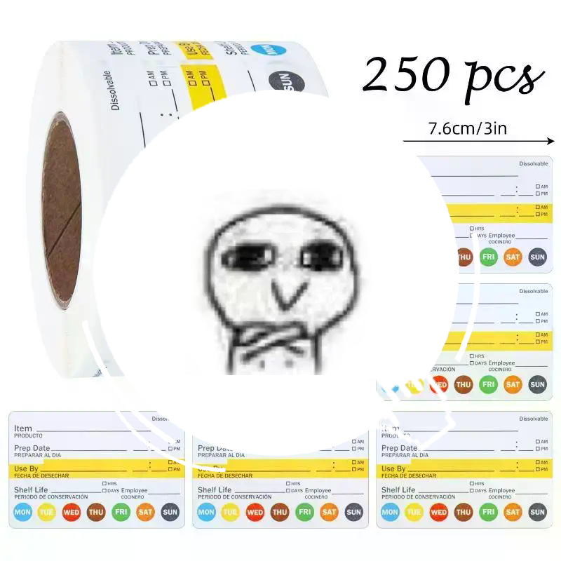 Storage Food Prep - 残留物なし食品日付ラベル 250枚/ロール 防水食品準備用ステッカー 冷凍庫およびキッチン食品保存容器用