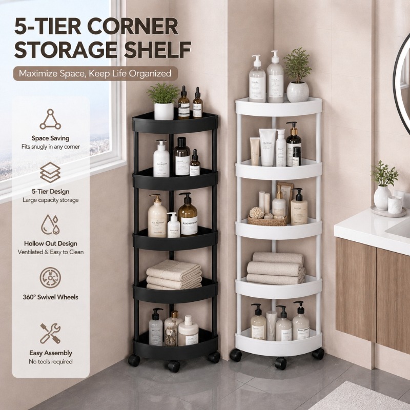 Food Storage Shelving - 5層三角コーナー収納棚、バスルーム収納ラック、寝室、バスルーム、キッチン、リビングルーム用360度回転式