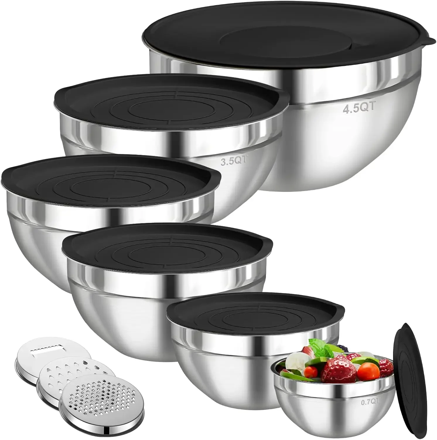 Storage Food Prep - 6個セット ステンレス製ミキシングボウル 密閉蓋付き 3種類のグレーター付き 重ねて収納可能 食品保存