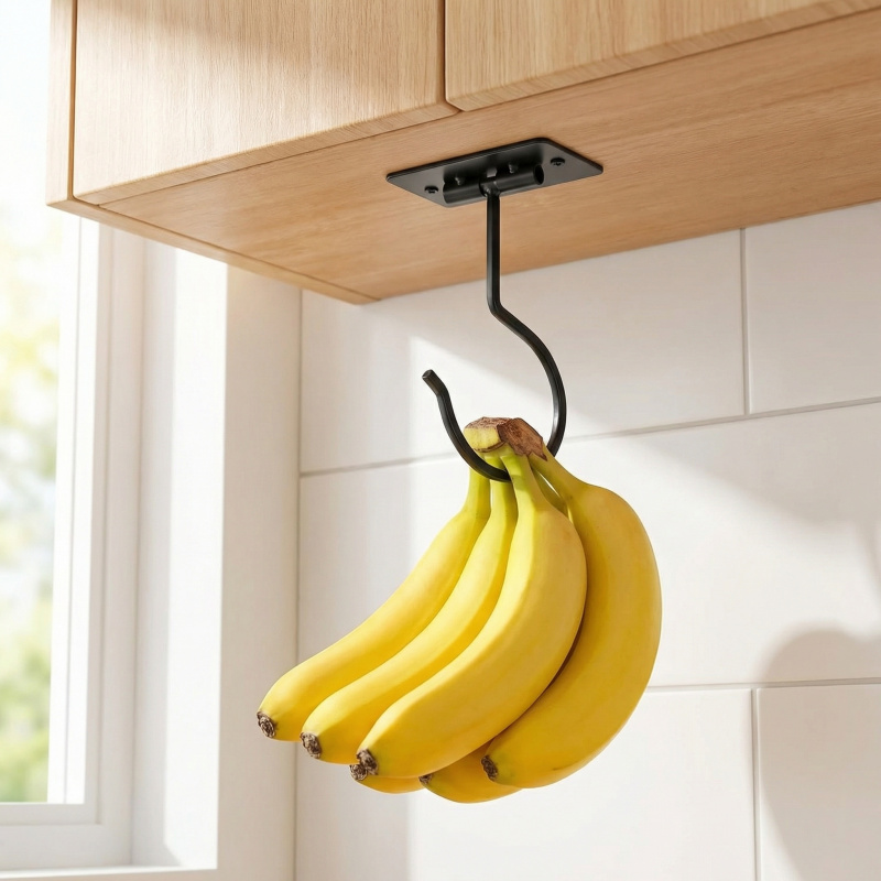 Food Storage In Cabinets - ブラックメタル製粘着式バナナフック折りたたみ式収納ラック省スペースキッチンキャビネット食品オーガナイザー1～2個