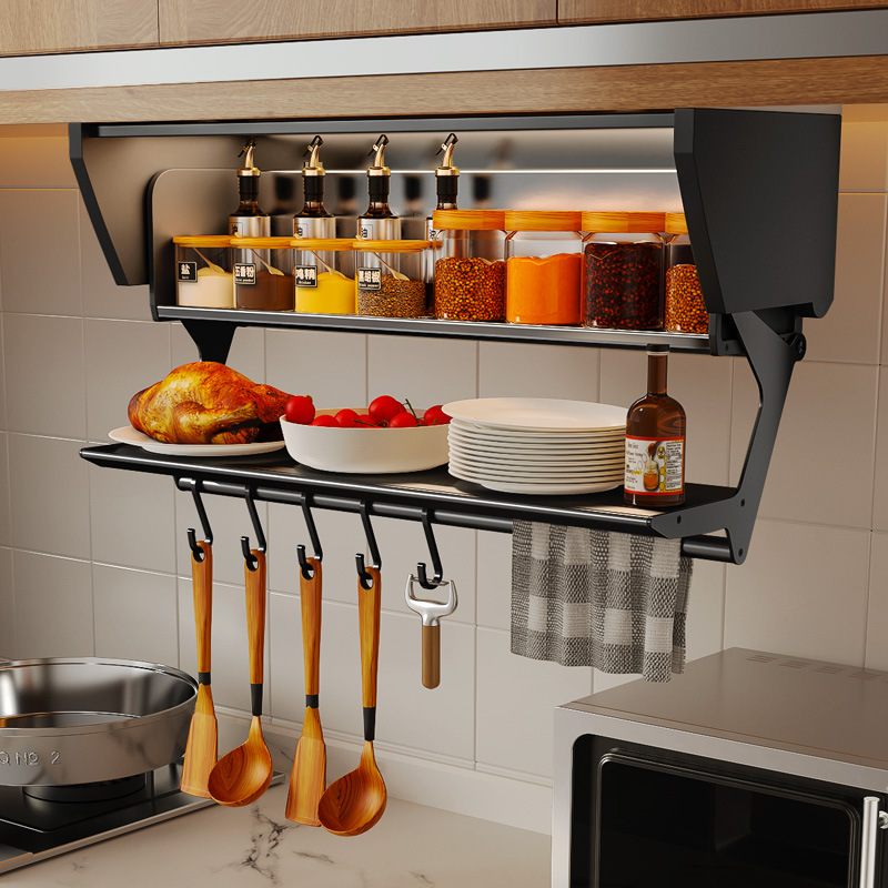 Food Storage Shelving - キッチンプルダウン折りたたみ調味料収納棚スペースアルミ壁掛け調味料ラックキャビネットの下大容量