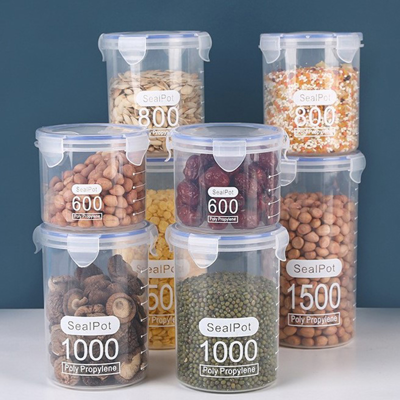 Food Storage Jar Set - 1-4個入り 密閉容器 目盛り付き 穀物保存容器 キッチン 冷蔵庫整理