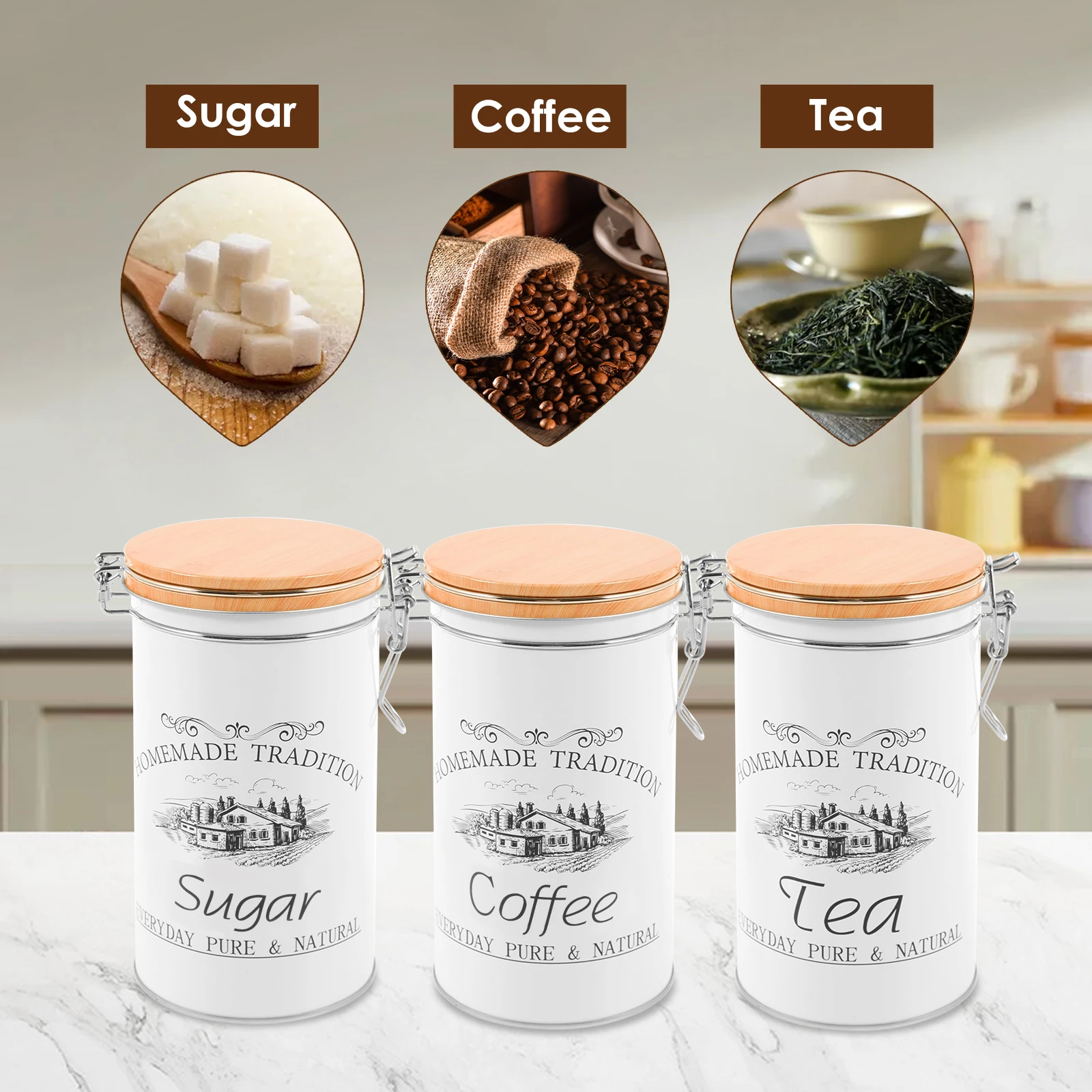 3個セット 茶葉・コーヒー・砂糖用キャニスター 金属製コーヒ - Food Storage Jar Set のレビューと価格