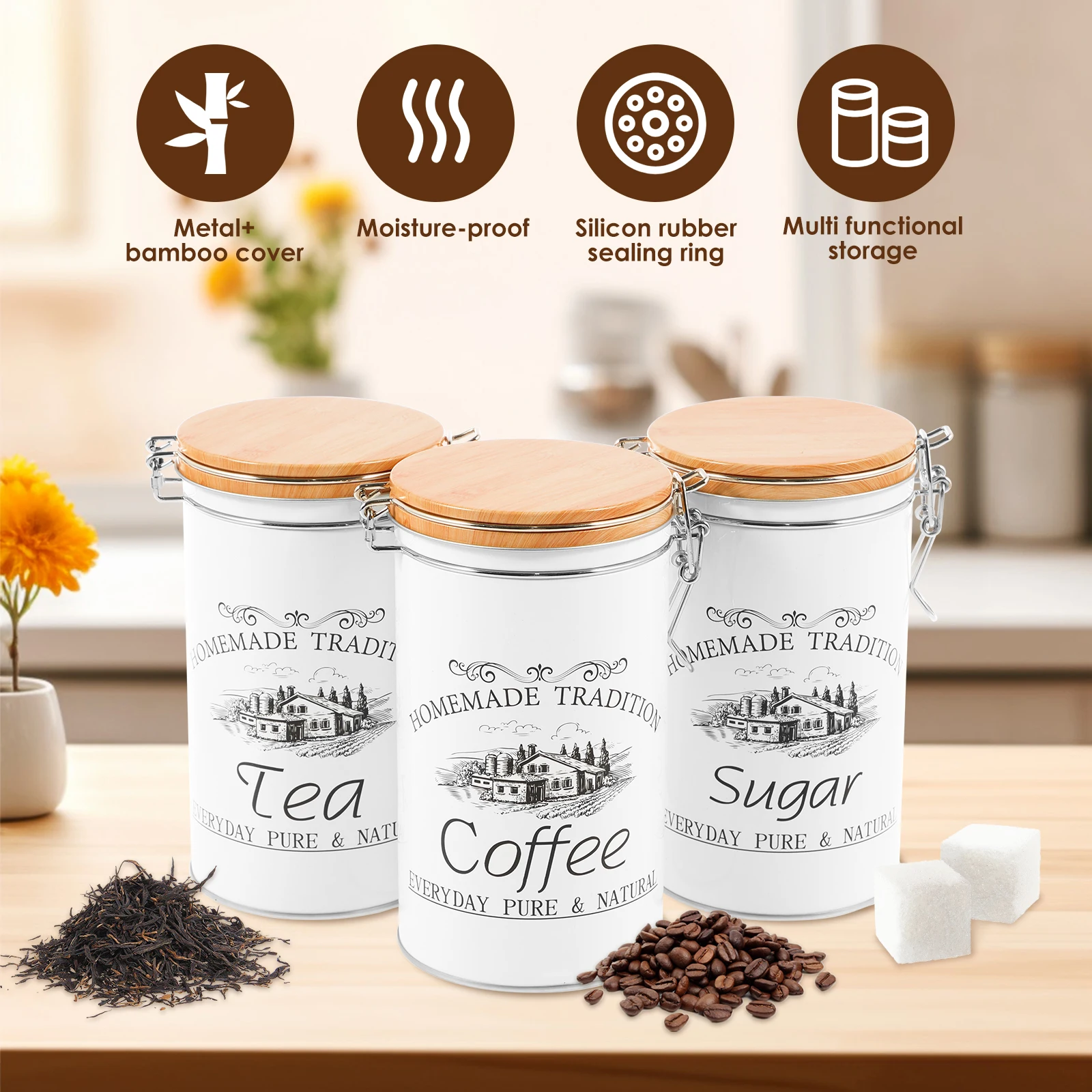 3個セット 茶葉・コーヒー・砂糖用キャニスター 金属製コーヒ - Food Storage Jar Set のレビューと価格