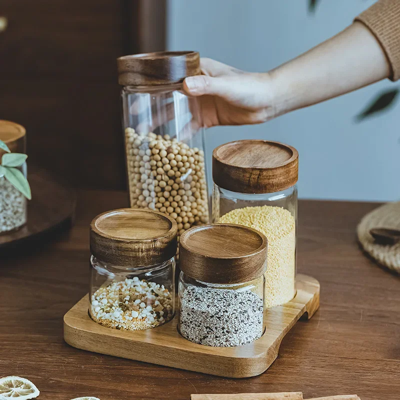 木製蓋付きガラスジャー,気密キャニスター,密閉フード容器,ベ - Food Storage Jar Set のレビューと価格