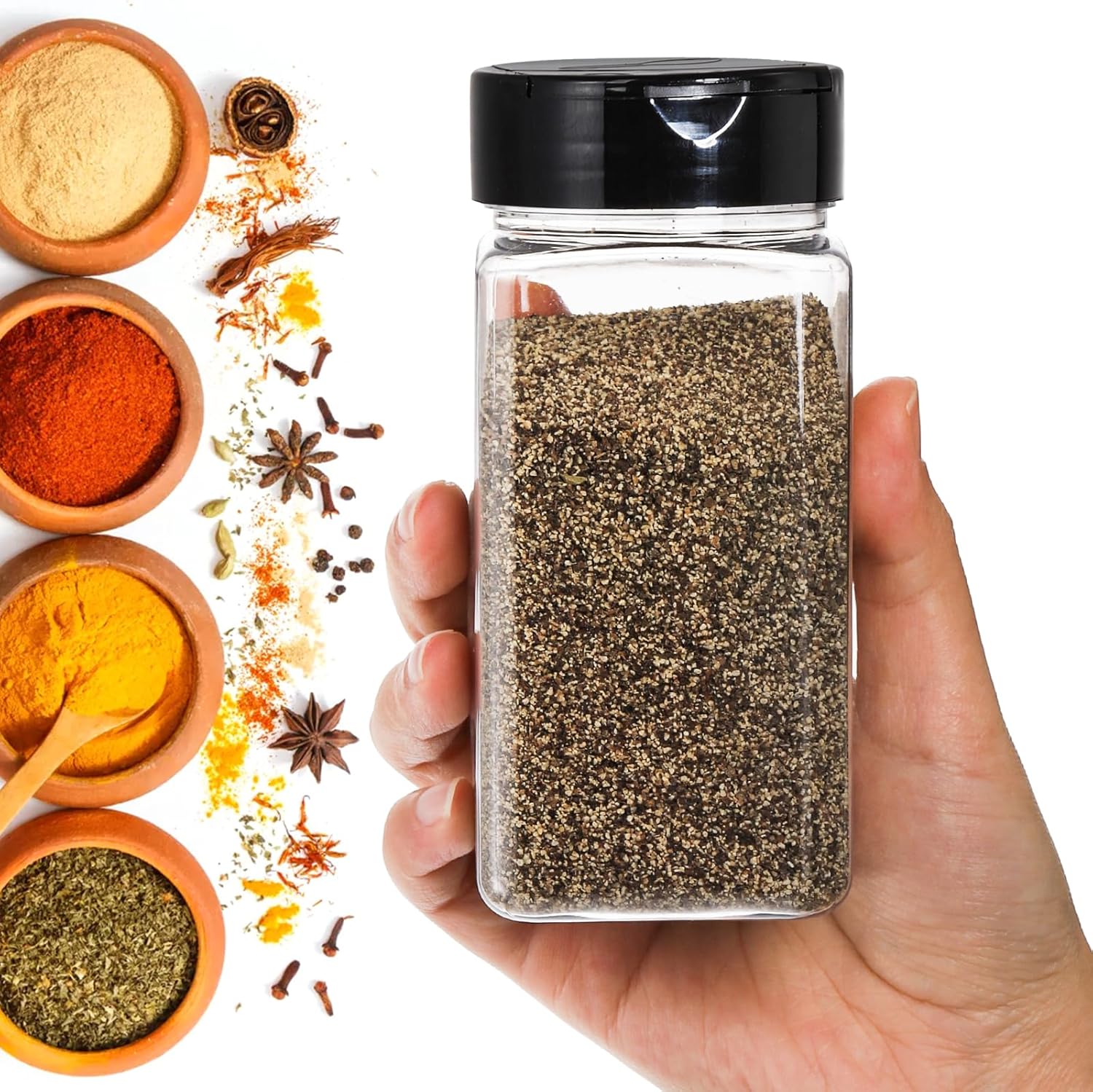 四角い大型プラスチック製スパイスジャー、シェイカー付き蓋、透 - Food Storage Meals のレビューと価格