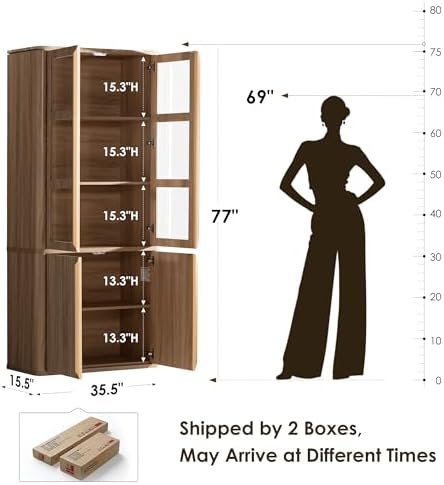 高さ77インチのガラス扉付きパントリーキャビネット、溝付き収 - Food Storage In Cabinets のレビューと価格