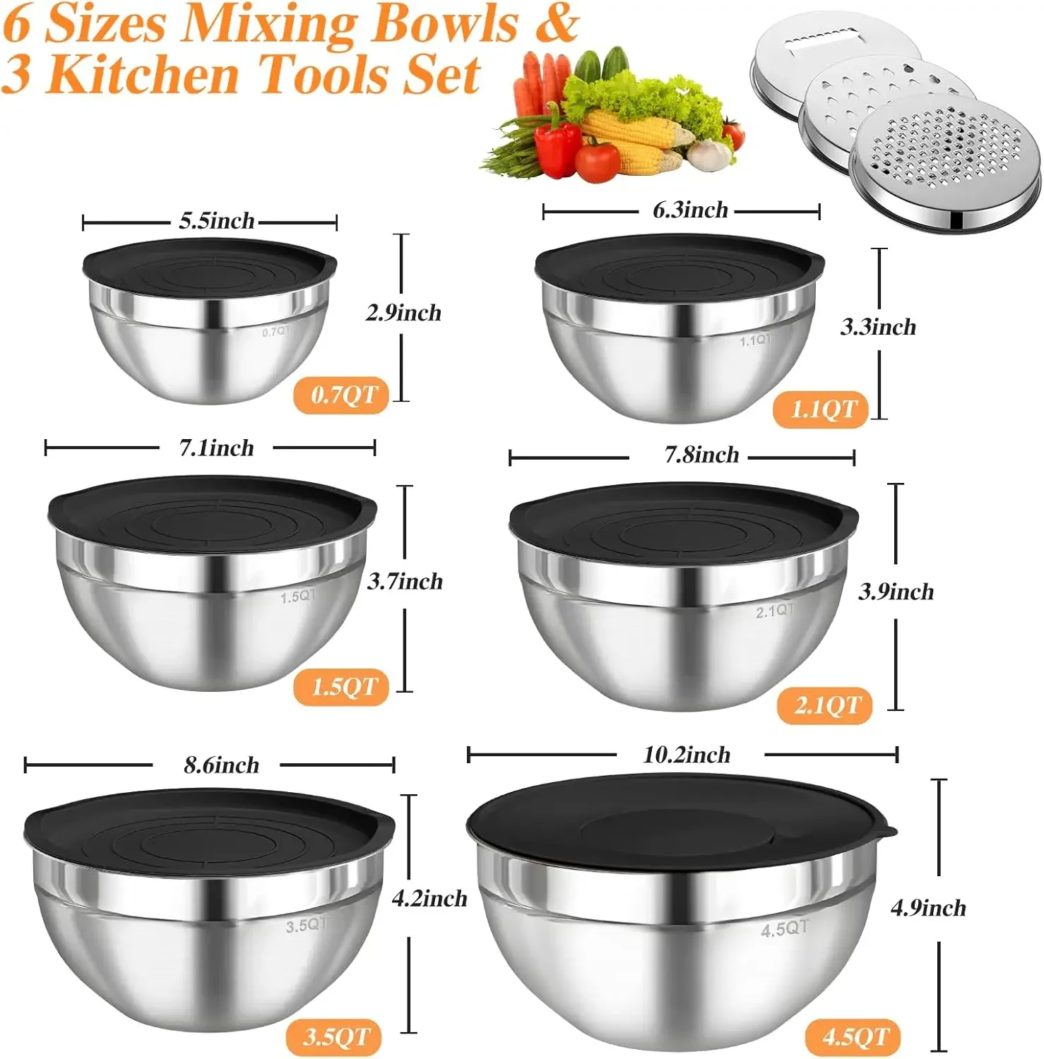 6個セット ステンレス製ミキシングボウル 密閉蓋付き 3種類 - Storage Food Prep のレビューと価格