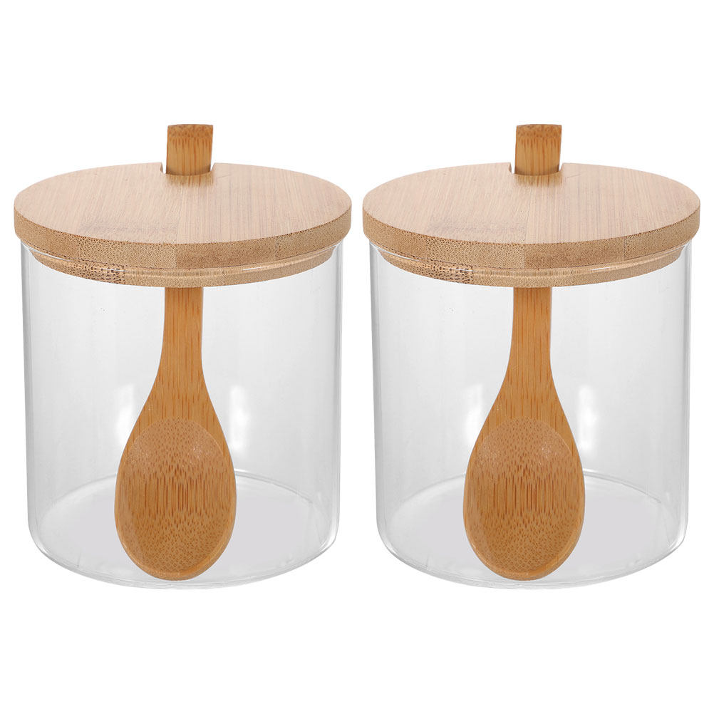 透明なガラス製の調味料入れ2個セット。竹製の蓋とスプーン付き - Food Storage Jar Set のレビューと価格