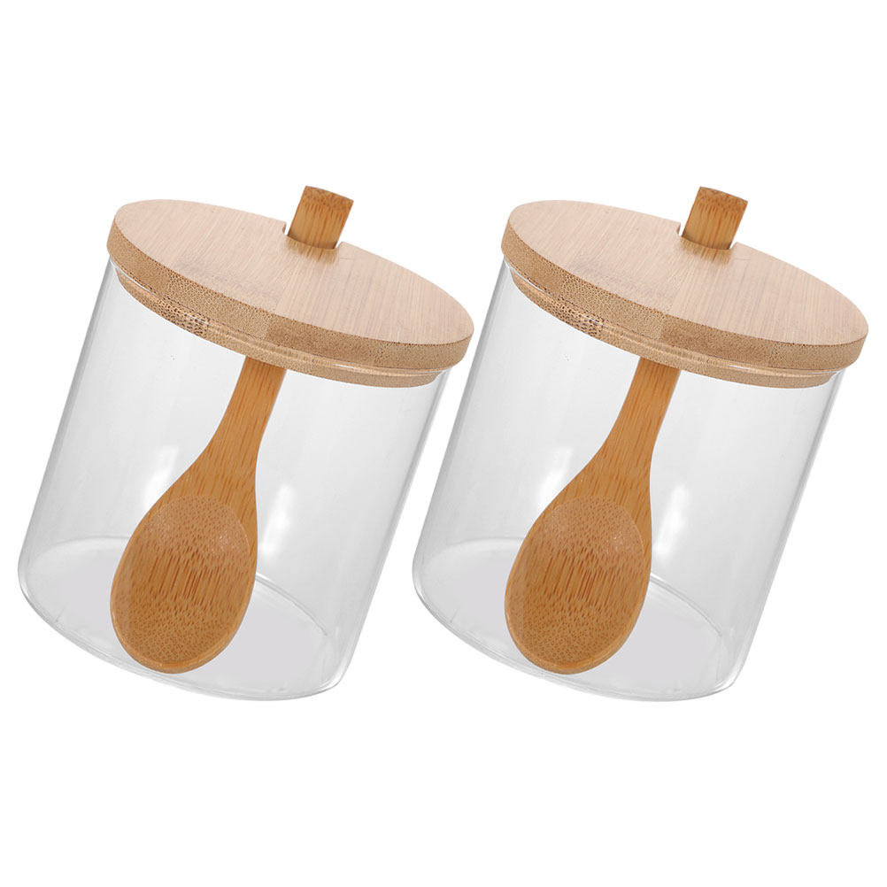 透明なガラス製の調味料入れ2個セット。竹製の蓋とスプーン付き - Food Storage Jar Set のレビューと価格