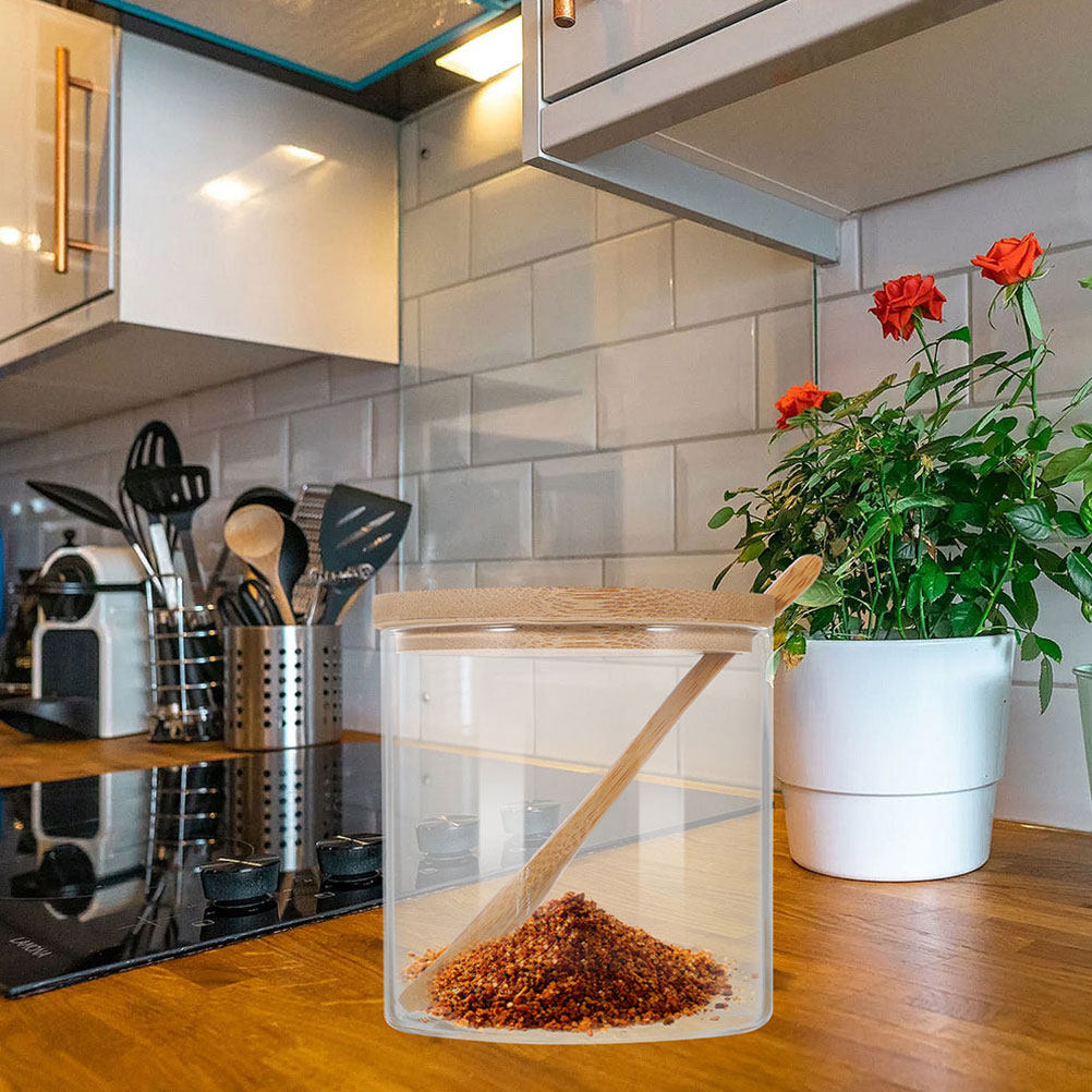 透明なガラス製の調味料入れ2個セット。竹製の蓋とスプーン付き - Food Storage Jar Set のレビューと価格