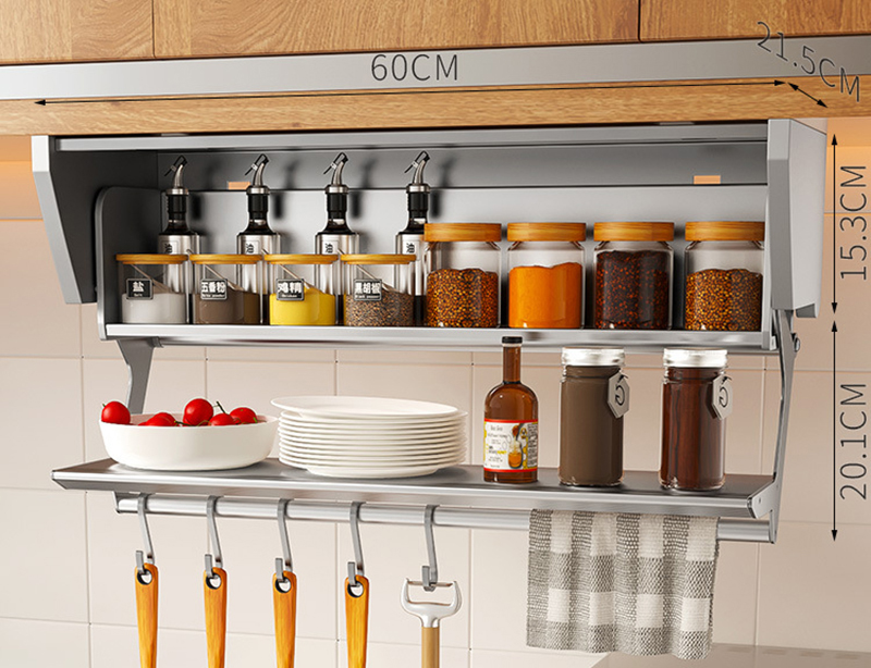 キッチンプルダウン折りたたみ調味料収納棚スペースアルミ壁掛け - Food Storage Shelving のレビューと価格